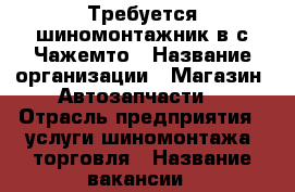 Требуется шиномонтажник в с.Чажемто › Название организации ­ Магазин “Автозапчасти“ › Отрасль предприятия ­ услуги шиномонтажа, торговля › Название вакансии ­ шиномонтажник › Место работы ­ Колпашевский район, с. Чажемто - Томская обл., Колпашевский р-н, Чажемто с. Работа » Вакансии   